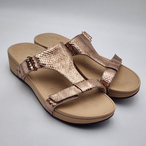 Vionic Ellie Sandals Womens 10 Metallic‎ Rose Gold Snake Print Arch Support READ - Picture 1 of 12